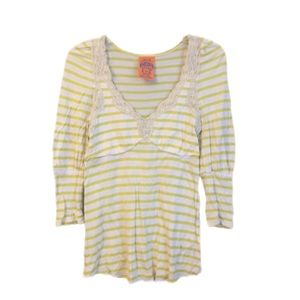 Free People top mustard stripe lace v neck babydoll low cut 3/4 sleeve c…